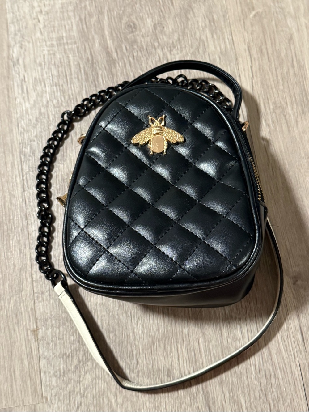 Quilted Black Leather Bee Accent Crossbody Bag